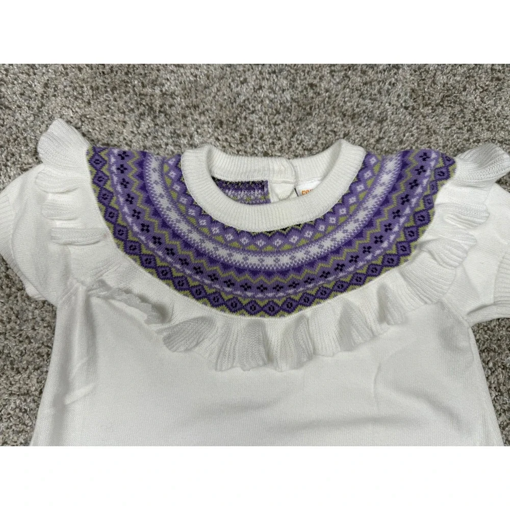 Gymboree Sweater Dress Fair Isle Cotton 6 White Purple Ruffle Flutter Sleeve